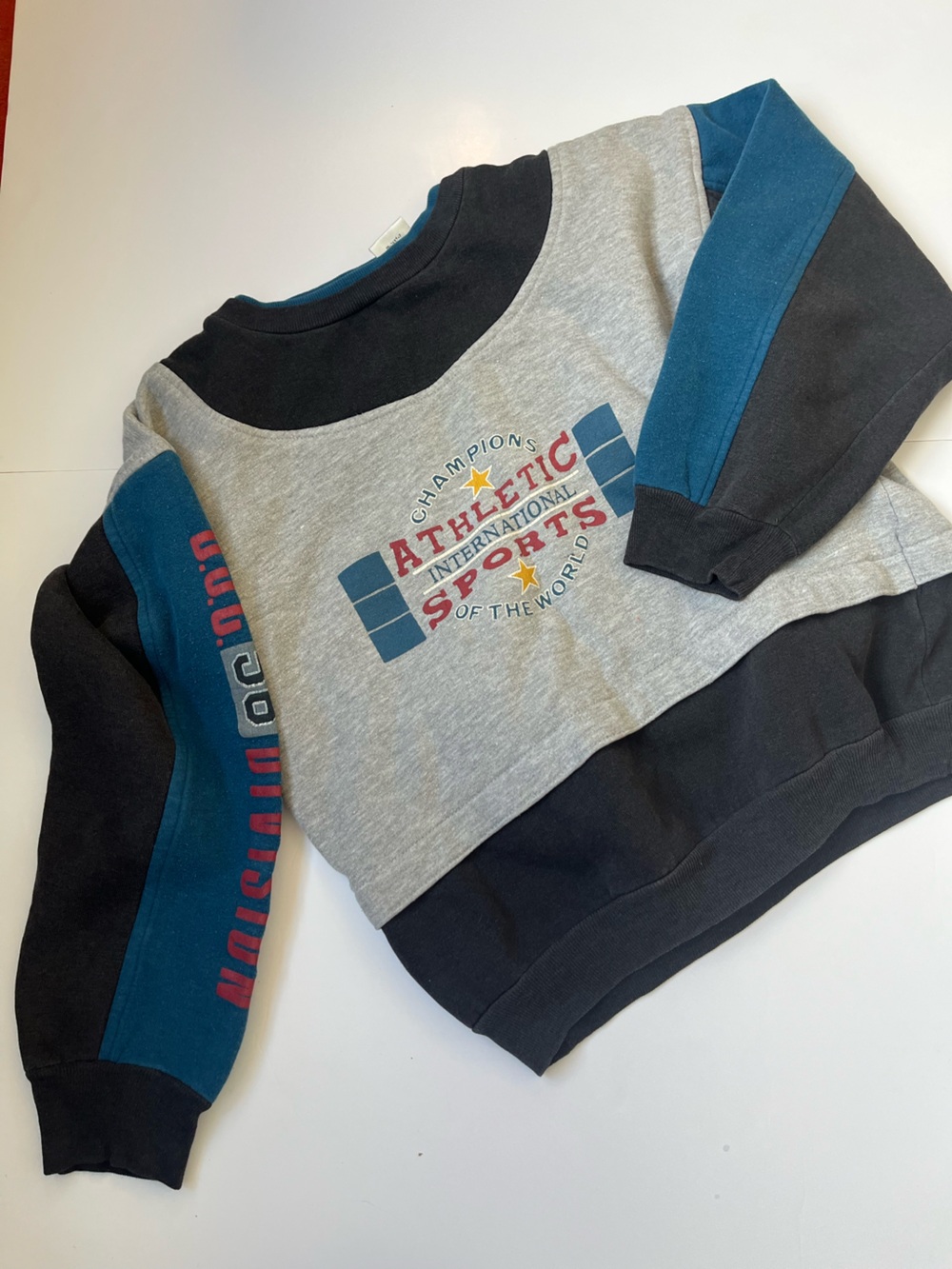 Vintage Kids Badge Sport Athletic Graphic Sweatshirt - Gray & Blue.